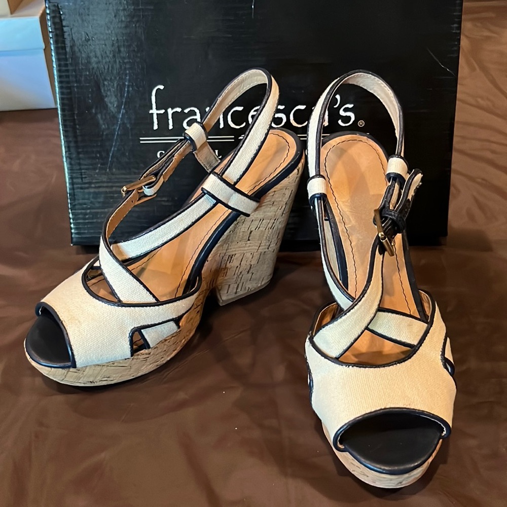 Like new size 7.5 white canvas and navy trim cork wedges